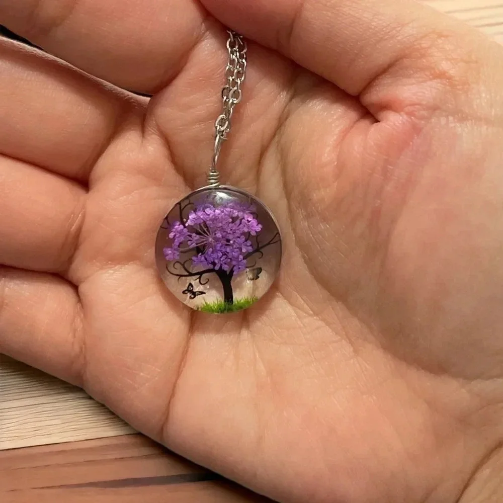 1 LEFT Resin Flower Pressed & Tree Circle Pendant Charm Stainless Steel Necklace